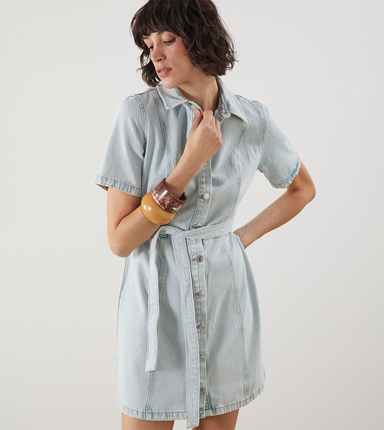 Washed Short Sleeves Mini Denim Dress