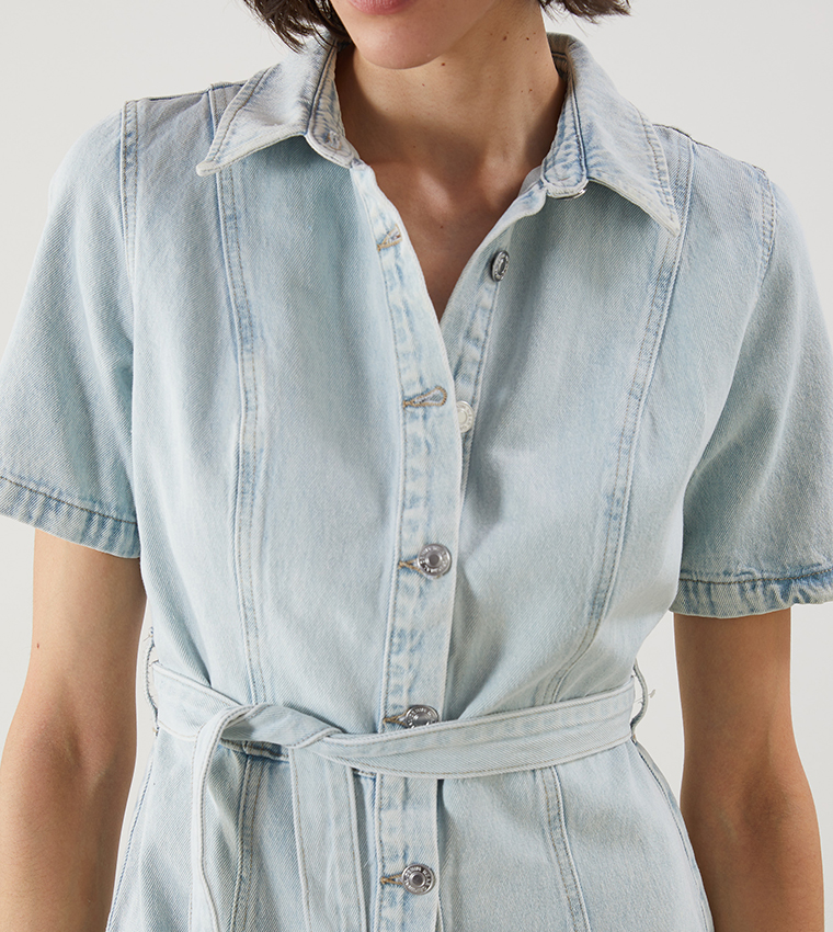 Washed Short Sleeves Mini Denim Dress