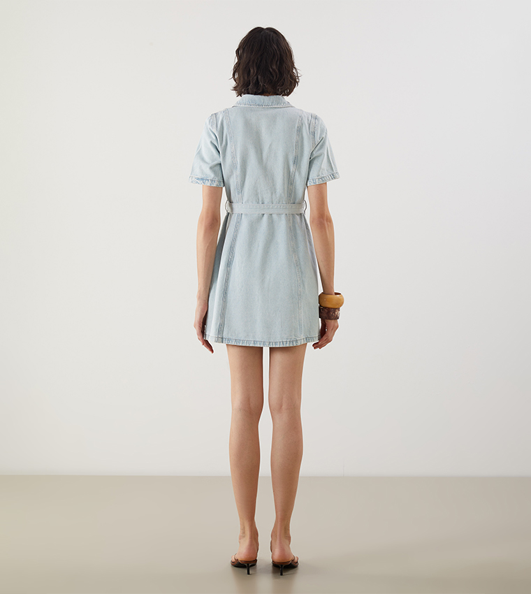 Washed Short Sleeves Mini Denim Dress