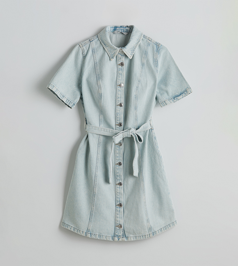 Washed Short Sleeves Mini Denim Dress