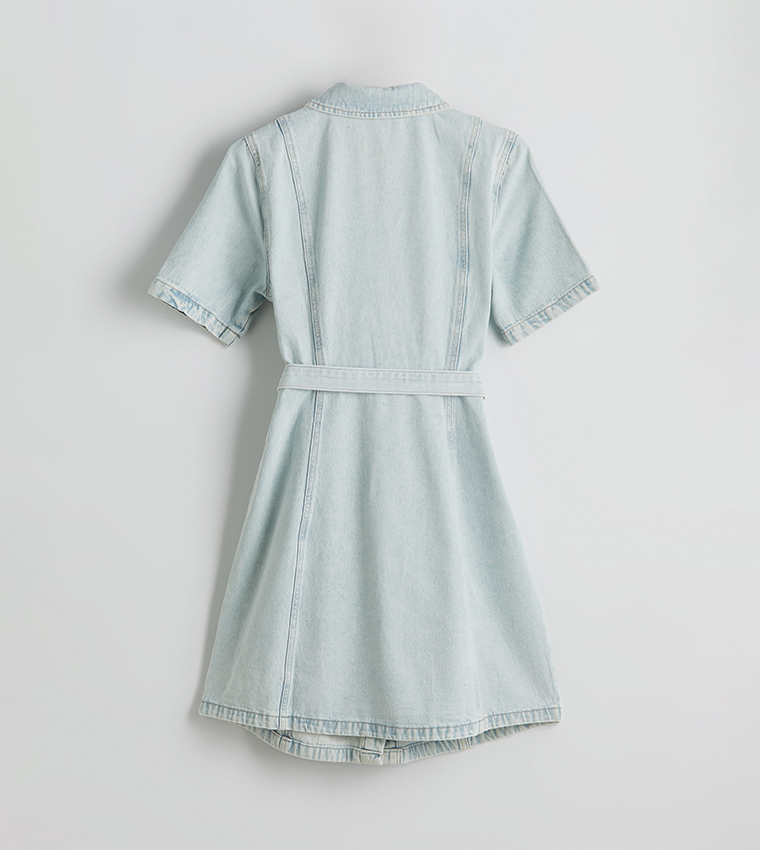 Washed Short Sleeves Mini Denim Dress