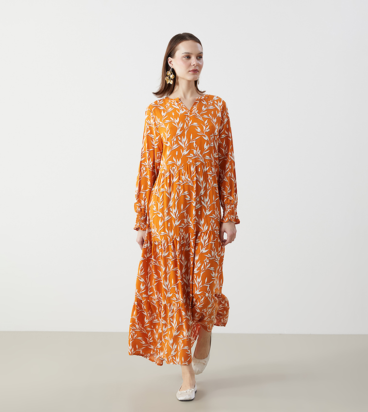 Floral Long Sleeves Tiered Dress