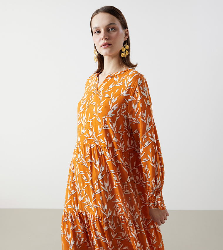 Floral Long Sleeves Tiered Dress