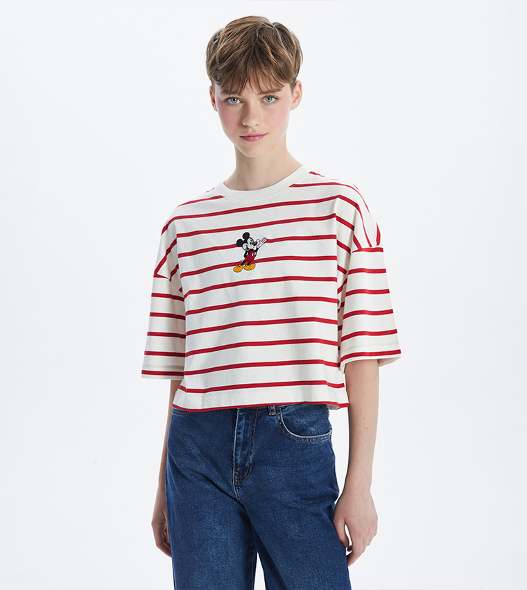 Mickey Mouse Embroidered Short Sleeves Crop T-Shirt