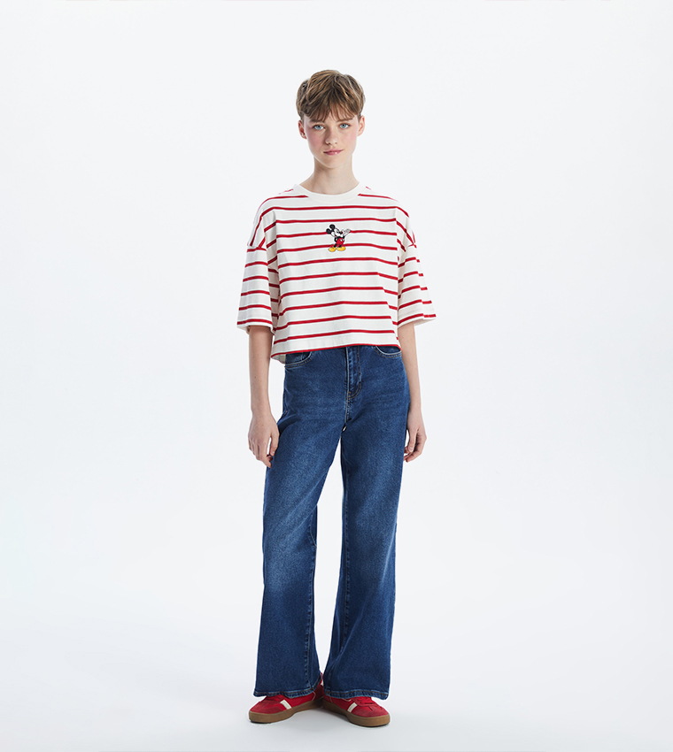 Mickey Mouse Embroidered Short Sleeves Crop T-Shirt