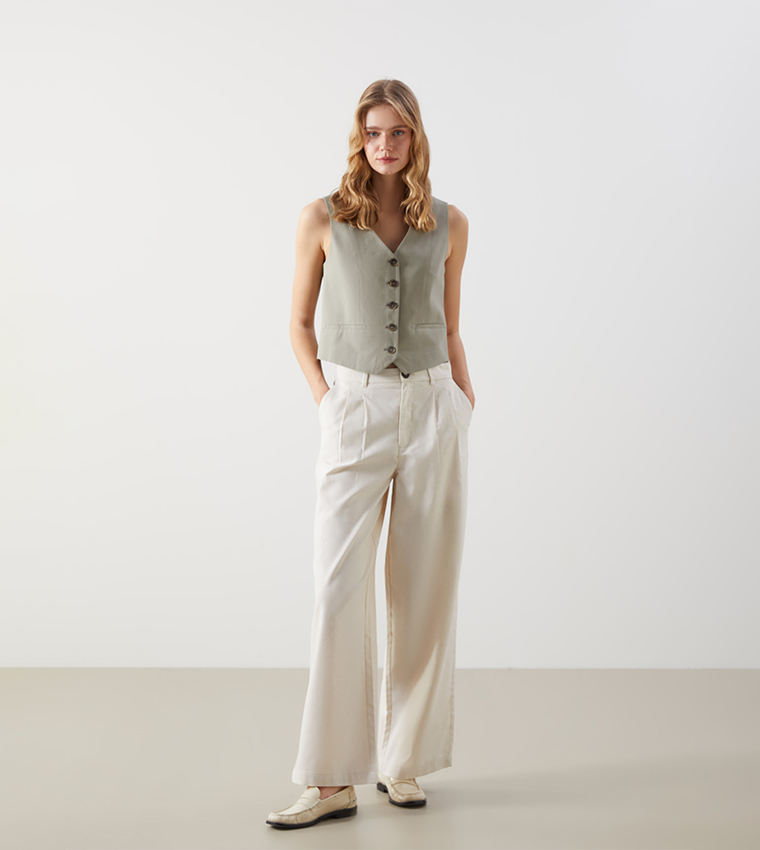 Pleated Linen Blend Straight Fit Trouser