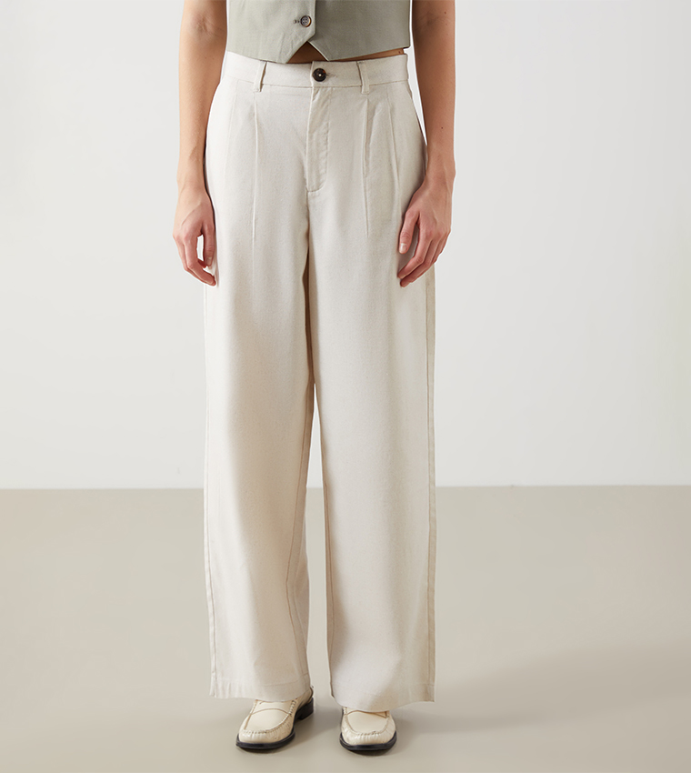 Pleated Linen Blend Straight Fit Trouser