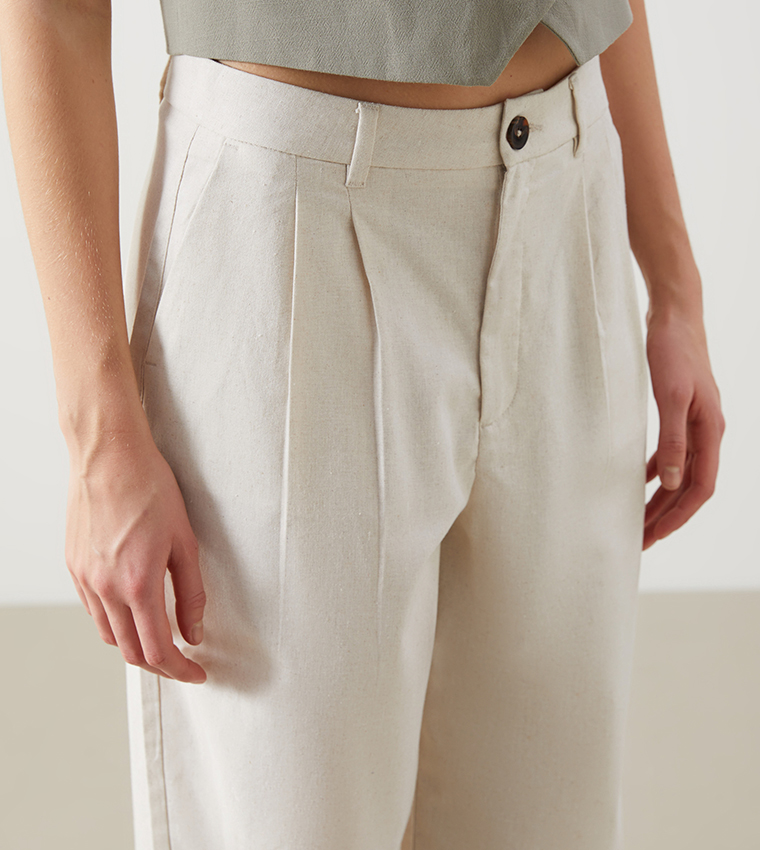 Pleated Linen Blend Straight Fit Trouser