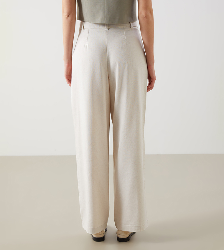 Pleated Linen Blend Straight Fit Trouser