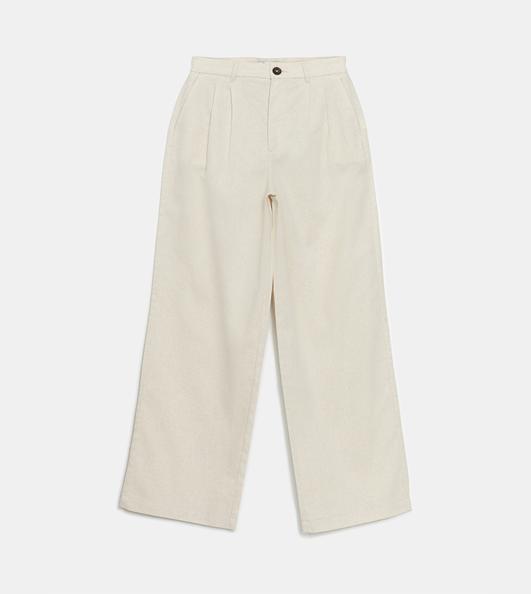 Pleated Linen Blend Straight Fit Trouser