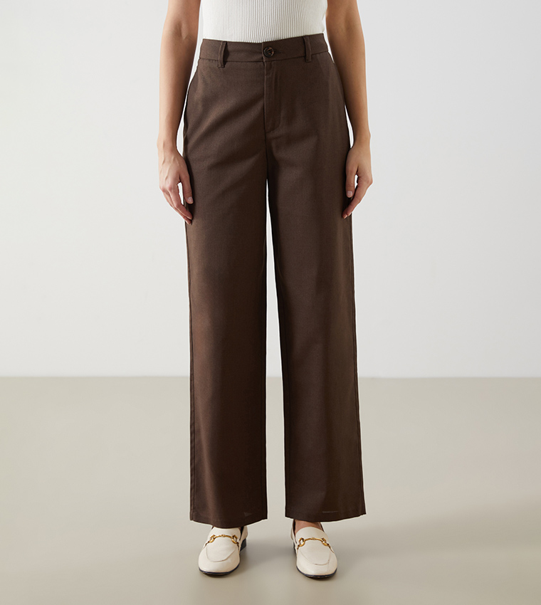 Solid Button Closure High-Rise Trousers
