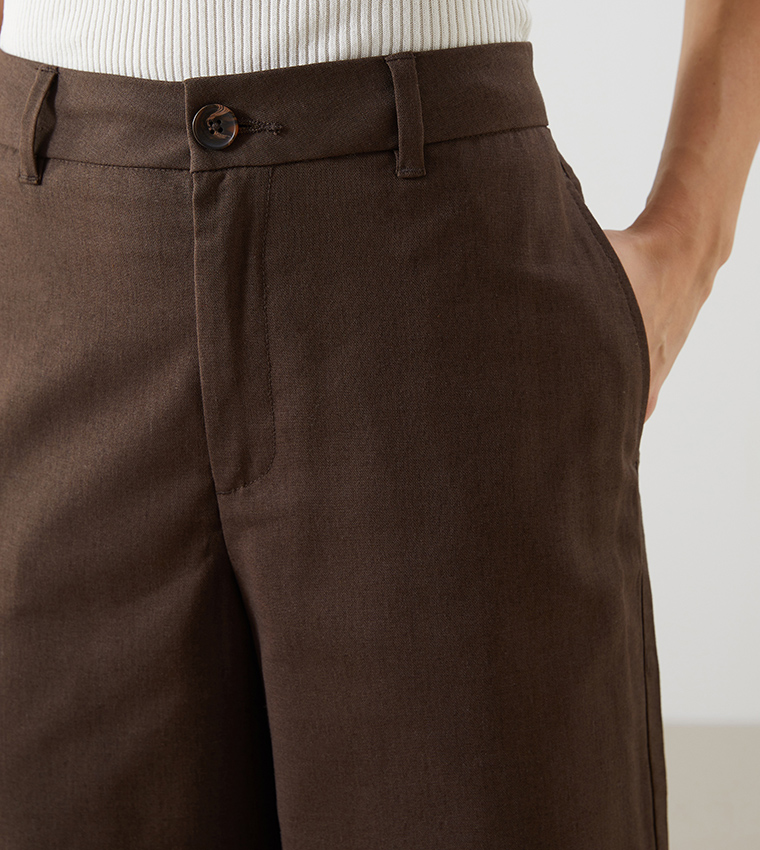 Solid Button Closure High-Rise Trousers