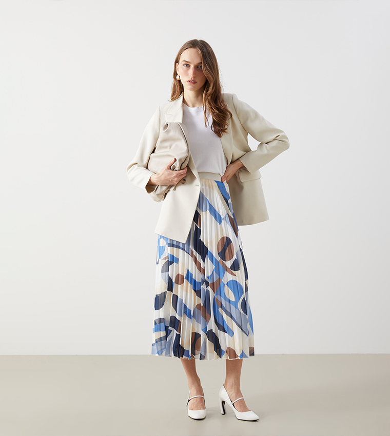 Patterned Elastic Waist Midi Skirt