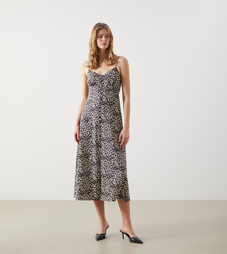 Leopard Print Strappy Midi Dress