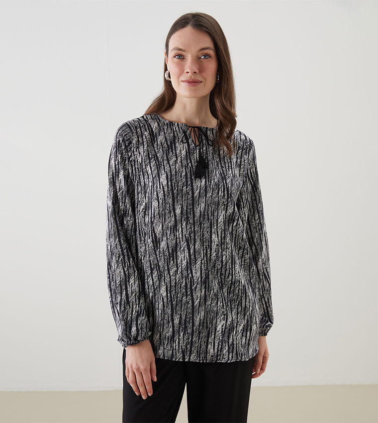 Printed Tie Neck Long Sleeves Top