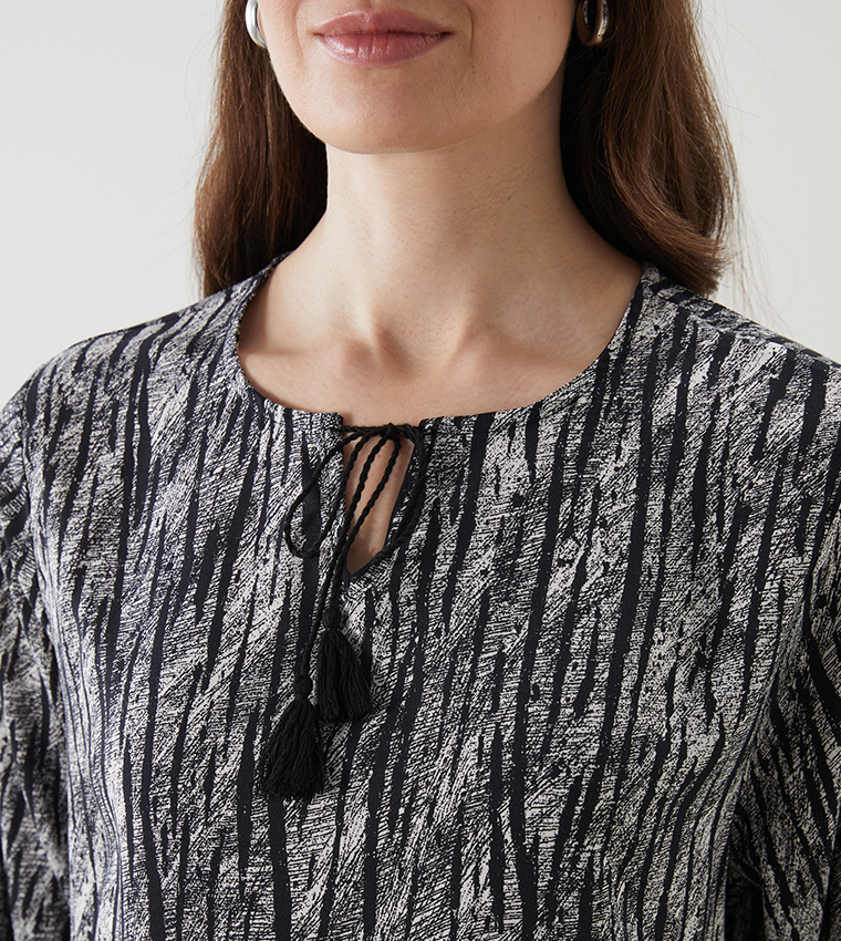 Printed Tie Neck Long Sleeves Top