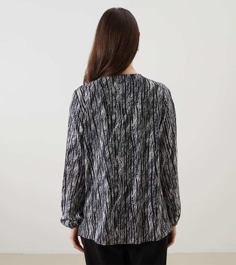 Printed Tie Neck Long Sleeves Top