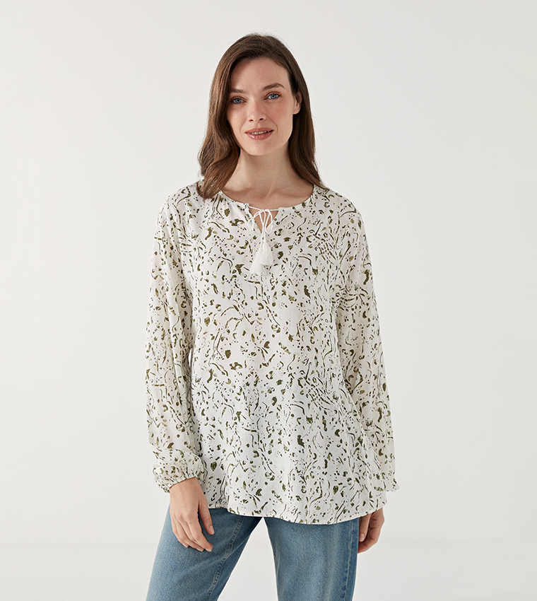 Patterned Tie-Up Neck Top