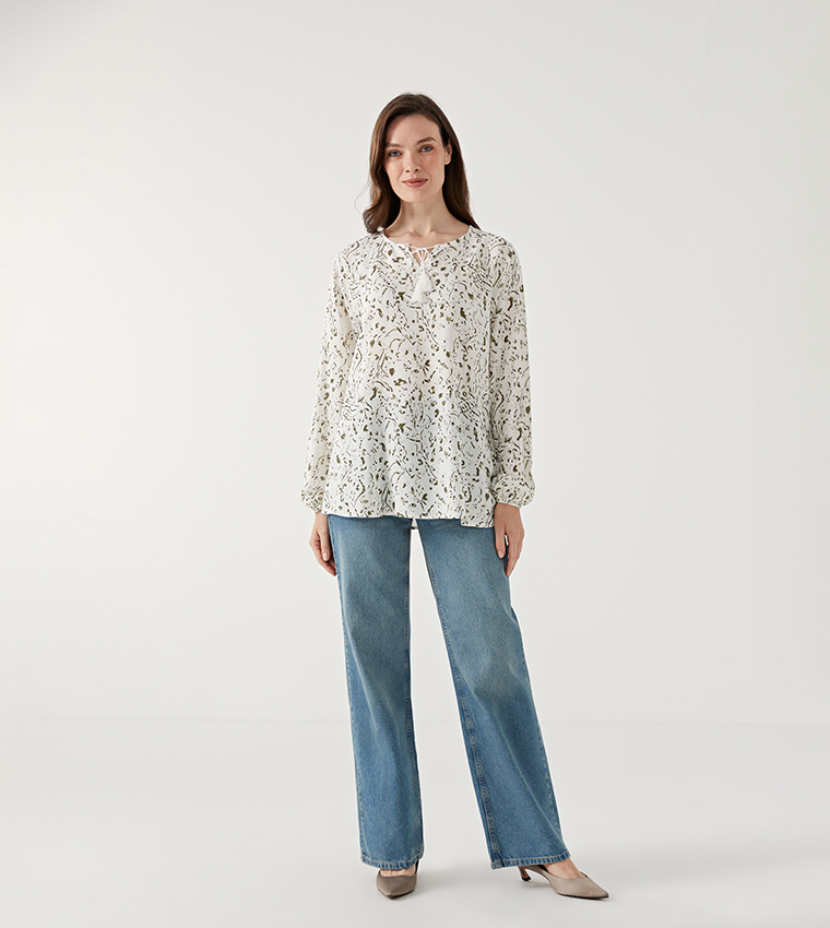 Patterned Tie-Up Neck Top