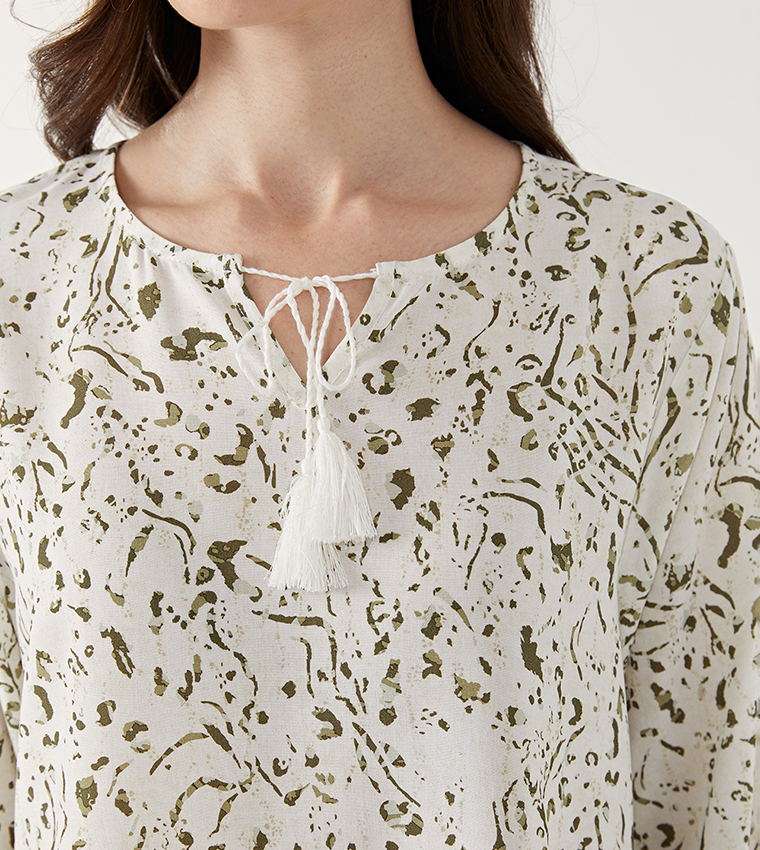 Patterned Tie-Up Neck Top