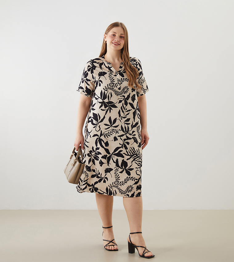 Floral Printed V-Neck Linen Midi Dress