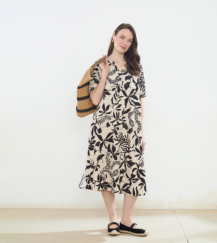 Floral Printed V-Neck Linen Midi Dress