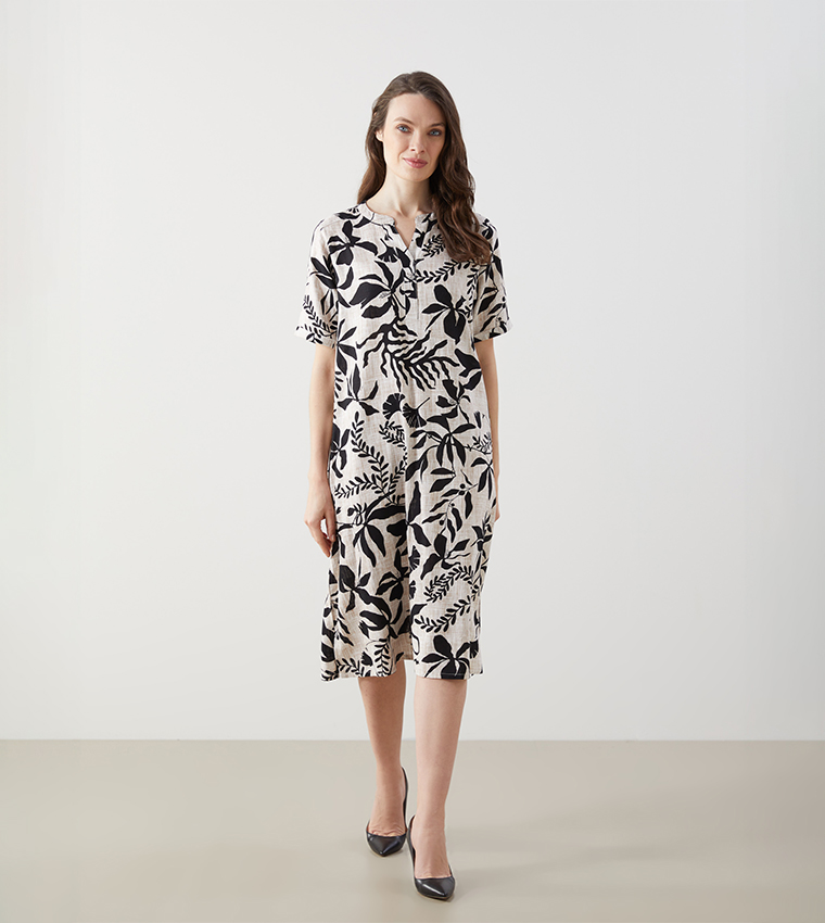 Floral Printed V-Neck Linen Midi Dress