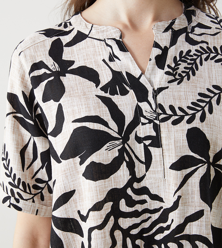 Floral Printed V-Neck Linen Midi Dress