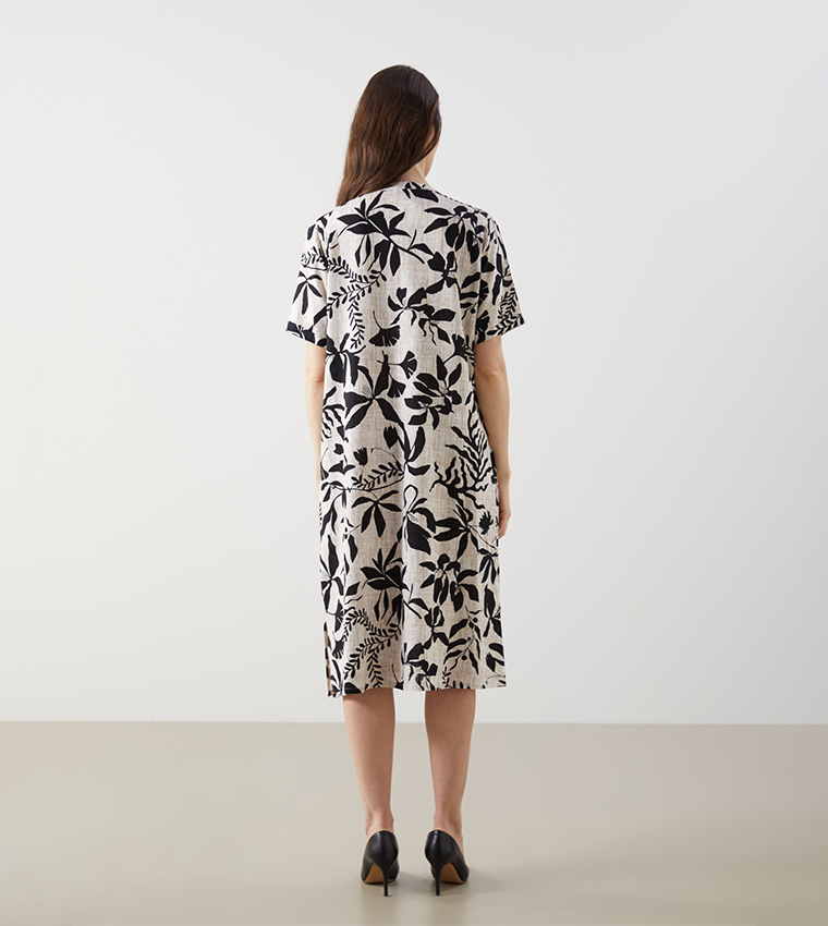 Floral Printed V-Neck Linen Midi Dress