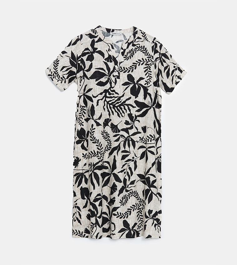 Floral Printed V-Neck Linen Midi Dress