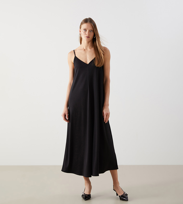 Solid V-Neck Shoulder Strap Midi Dress