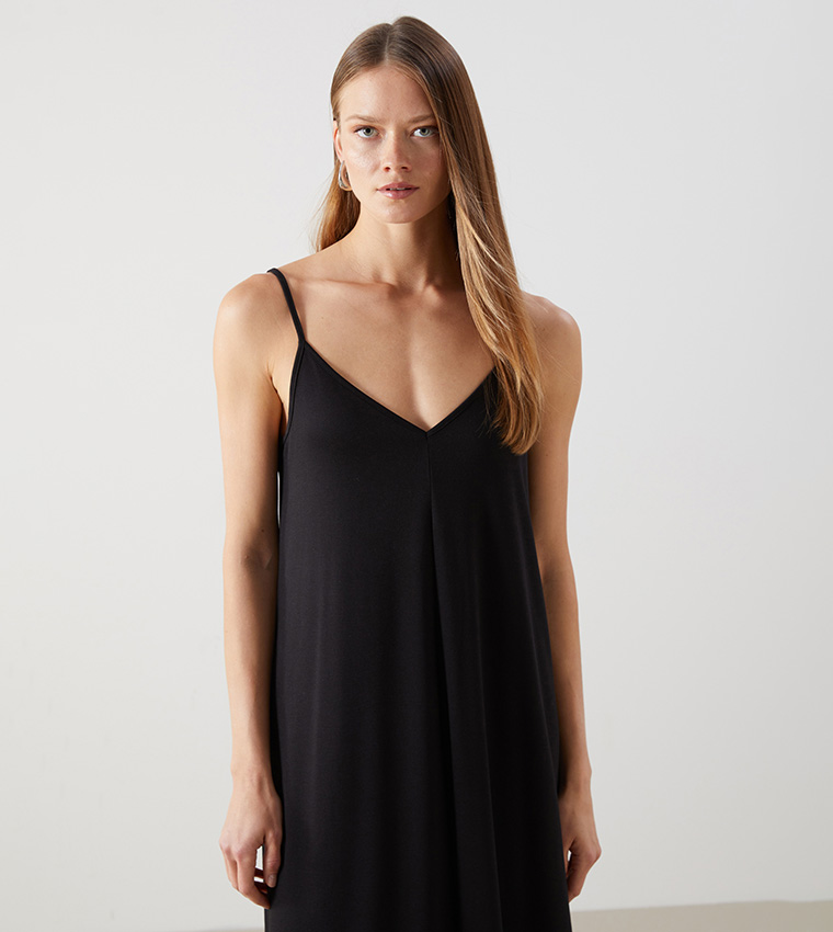 Solid V-Neck Shoulder Strap Midi Dress