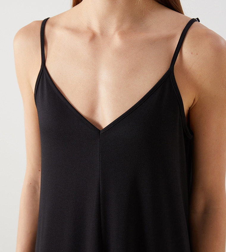 Solid V-Neck Shoulder Strap Midi Dress