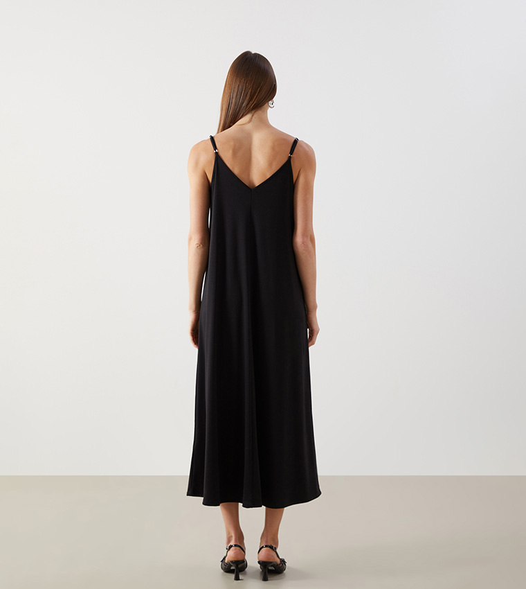 Solid V-Neck Shoulder Strap Midi Dress