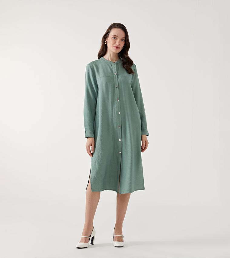 Button Detail Long Sleeves Midi Dress