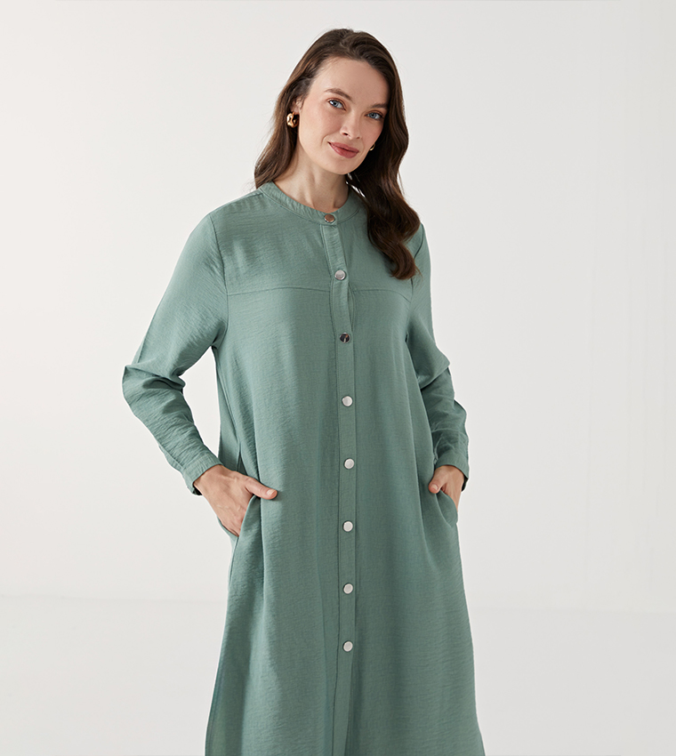 Button Detail Long Sleeves Midi Dress