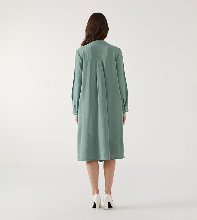 Button Detail Long Sleeves Midi Dress