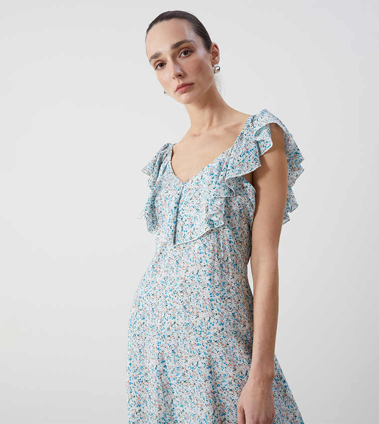 Floral Printed Ruffle Trim Tiered Dress