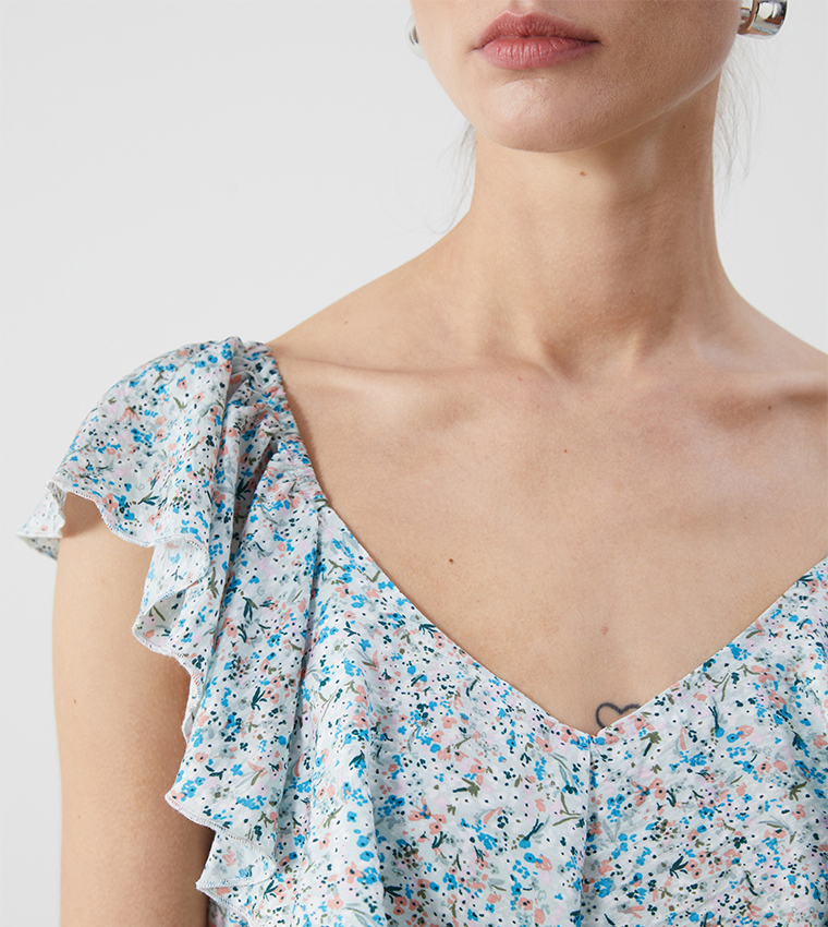 Floral Printed Ruffle Trim Tiered Dress