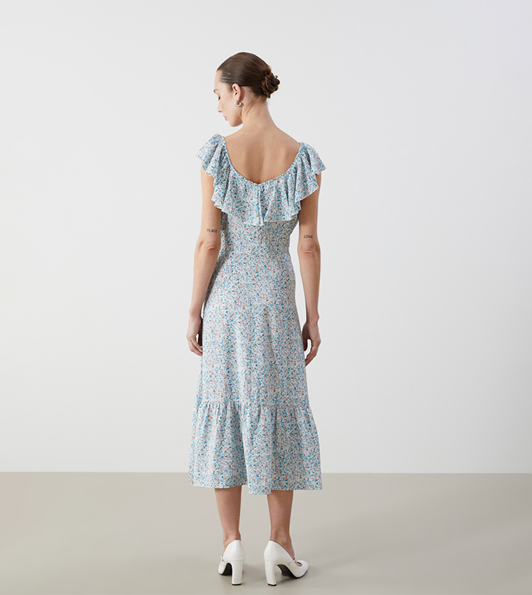 Floral Printed Ruffle Trim Tiered Dress
