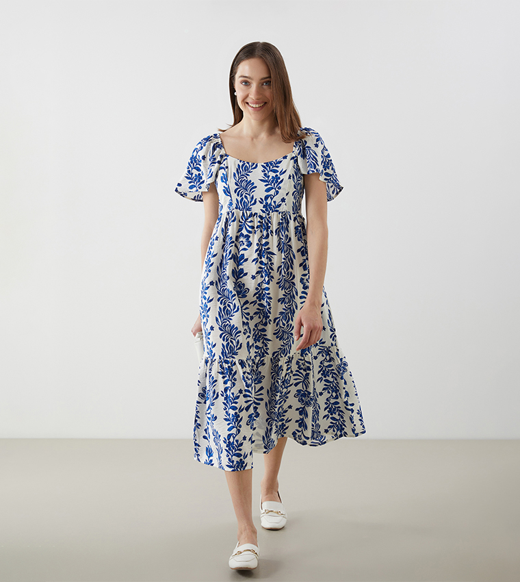 Patterned Flared Sleeves Midi Dress