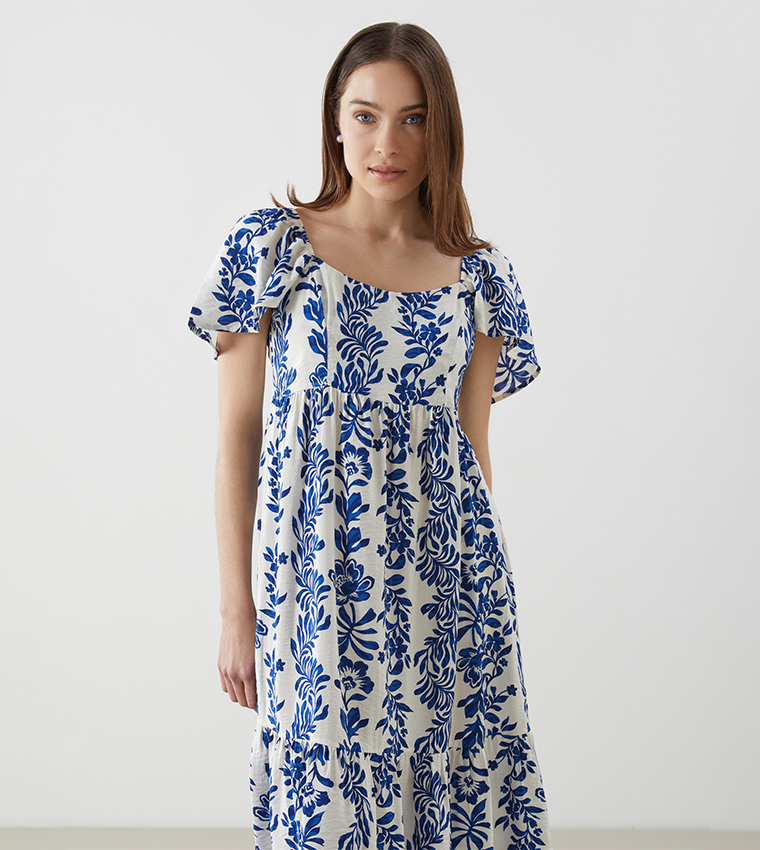 Patterned Flared Sleeves Midi Dress