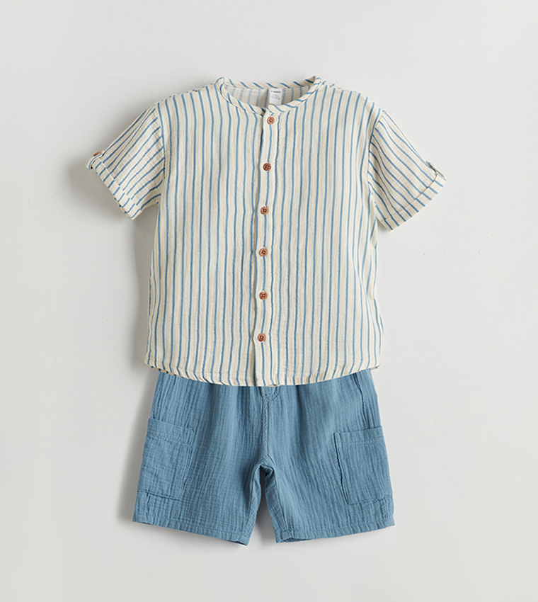 Striped Short Sleeves Shirt and Shorts Set