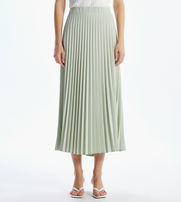 Pleated Elastic Waist Midi Skirt