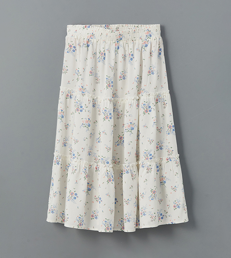 Printed Elastic Waist Midi Skirt