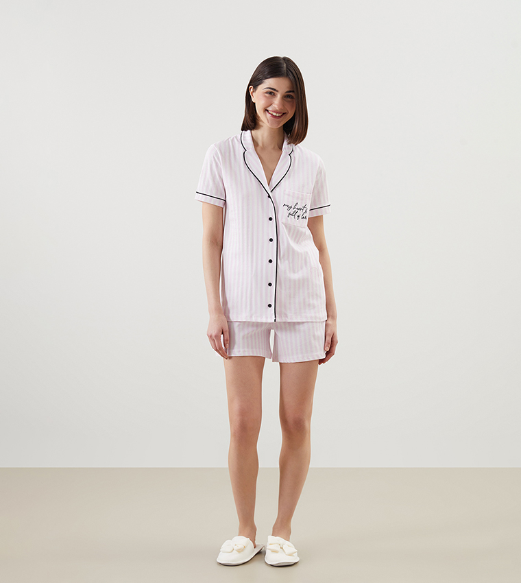 Striped Revere Collar Shorty Pyjama Set