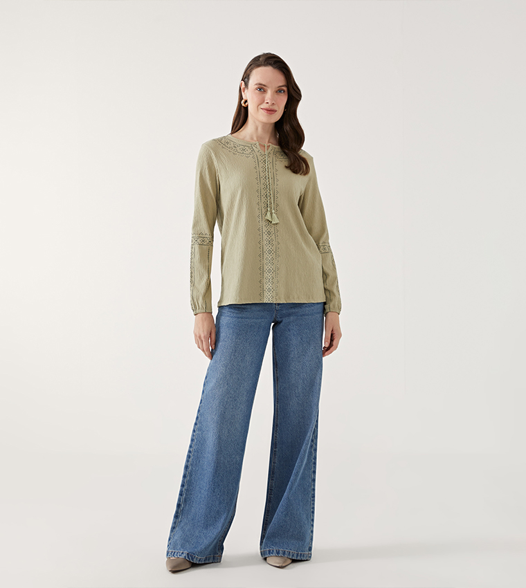 Patterned Tie-Up Neck Top