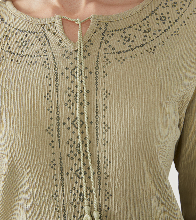 Patterned Tie-Up Neck Top
