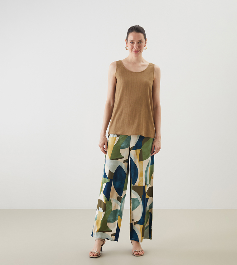 Patterned Elastic Waist Wide Leg Pants