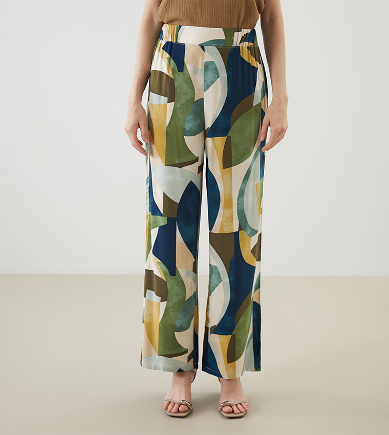 Patterned Elastic Waist Wide Leg Pants